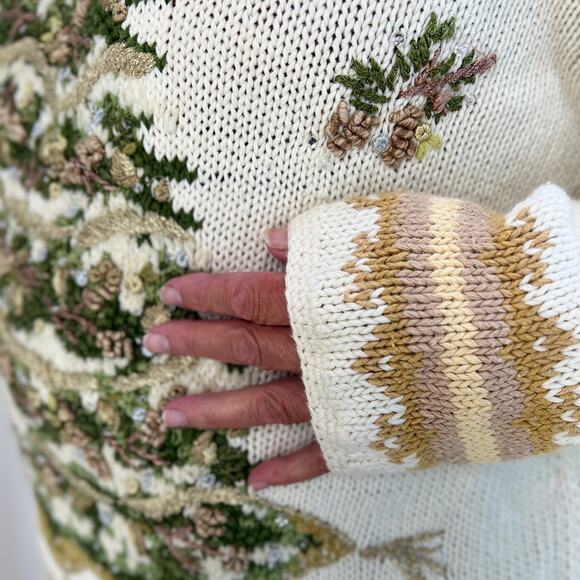 Vintage Christmas Tree Sweater Ivory Neutrals Gold Beaded Embellished by Tiara - Picture 4 of 8